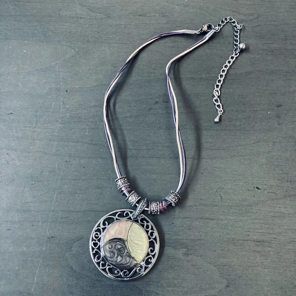 Silver Scroll Swirl Green Brown Pendant Cord Necklace